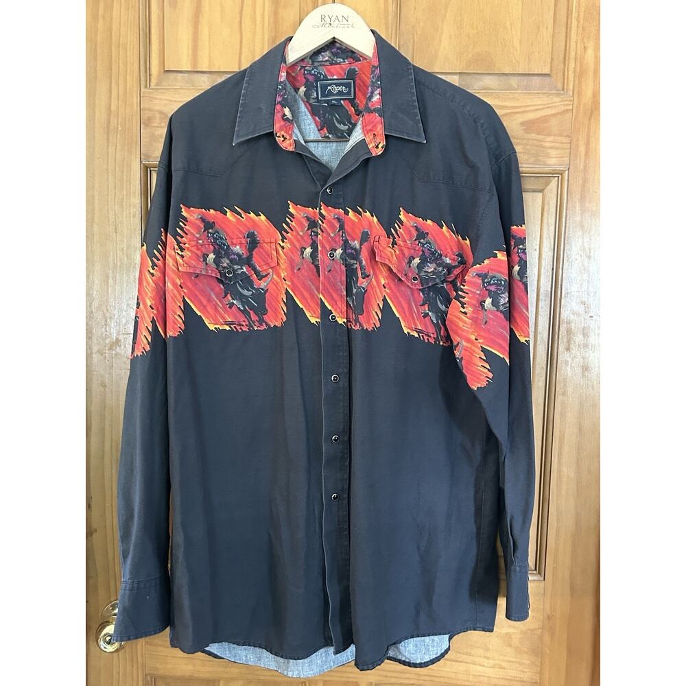 Vtg 90s Roper Pearl Snap Shirt XL Western Cowboy Horse Rodeo Bull Aztec Grunge